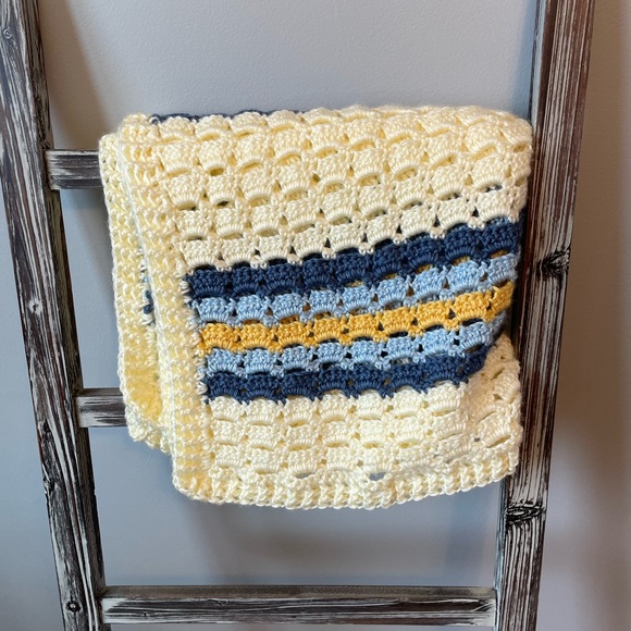 Handmade Baby Blanket - Blue and Yellow Stripe - Picture 3 of 11